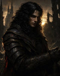 GRID THUMBNAIL — Close-up of a brooding armoured knight with long dark hair, gripping a sword before a ruined gothic cathedral at sunset, moody and dramatic.
