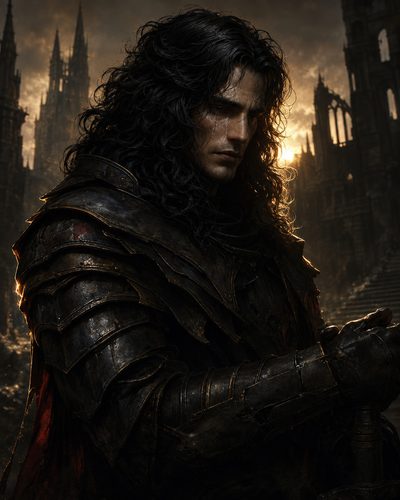 GRID THUMBNAIL — Close-up of a brooding armoured knight with long dark hair, gripping a sword before a ruined gothic cathedral at sunset, moody and dramatic.