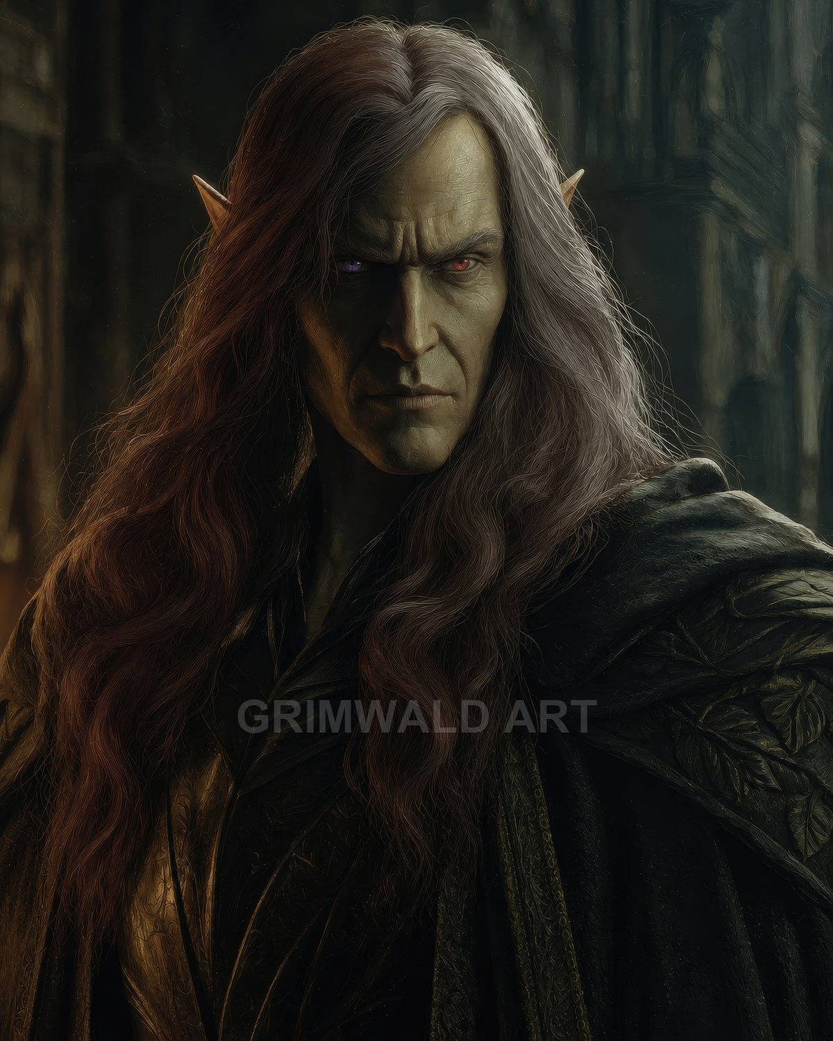 Moody portrait of a long-haired male elf with pointed ears and mismatched eyes, wearing a dark green leaf-patterned cloak in a dim castle interior.