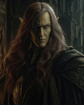 GRID THUMBNAIL — Moody portrait of a long-haired male elf with pointed ears and mismatched eyes, wearing a dark green leaf-patterned cloak in a dim castle interior.