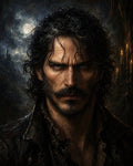 GRID THUMBNAIL — Moody portrait of a bearded man with curled hair and piercing eyes, set against a moonlit castle and candlelit gothic interior.