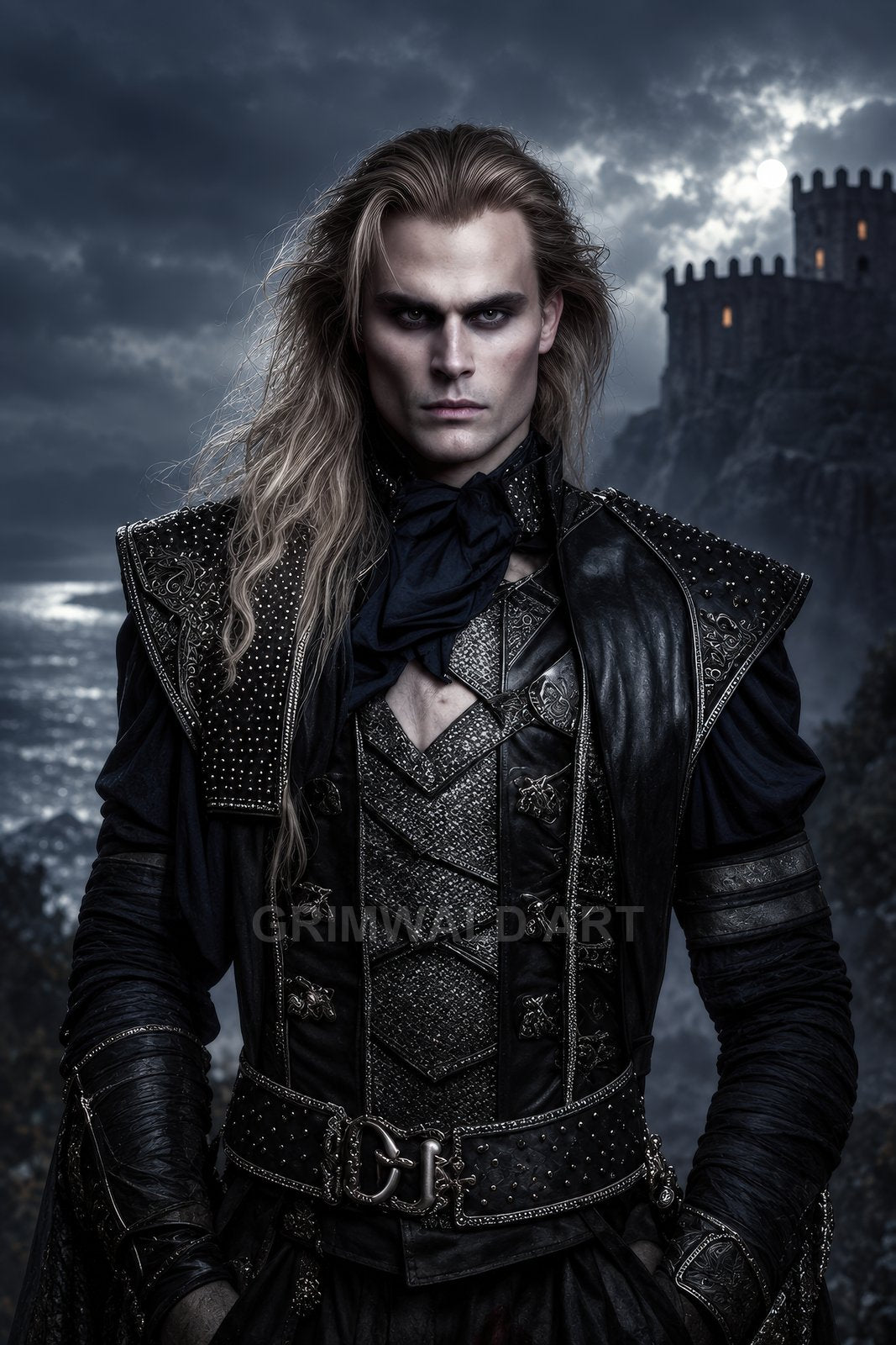 Pale, long-haired male in ornate black leather armour stands before a moonlit cliffside castle with the sea beyond under stormy clouds.