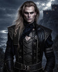 GRID THUMBNAIL — Pale, long-haired male in ornate black leather armour stands before a moonlit cliffside castle with the sea beyond under stormy clouds.