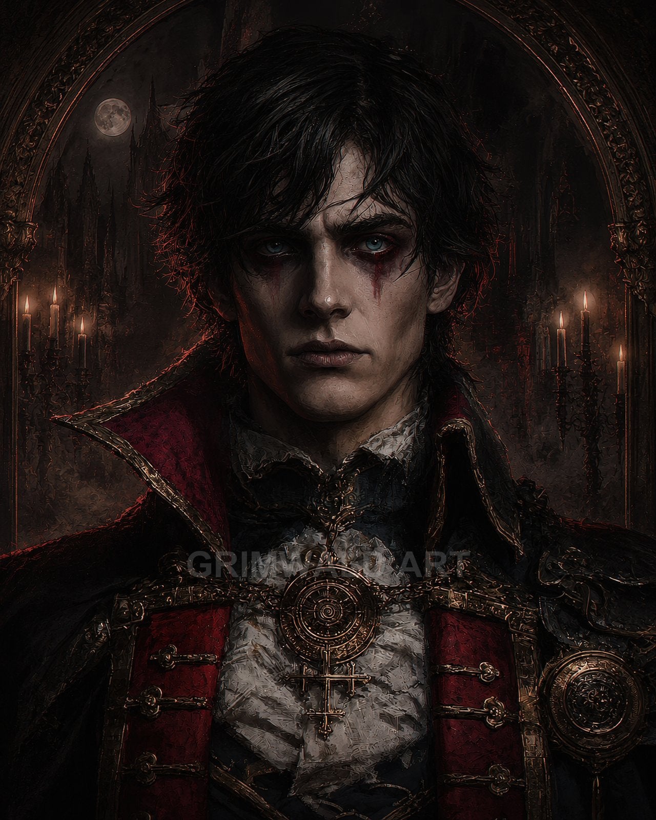 A pale male vampire noble in ornate red and black coat, gold medallion, blood-streaked eye, before gothic arch with candles and a distant moon.