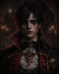 GRID THUMBNAIL — A pale male vampire noble in ornate red and black coat, gold medallion, blood-streaked eye, before gothic arch with candles and a distant moon.