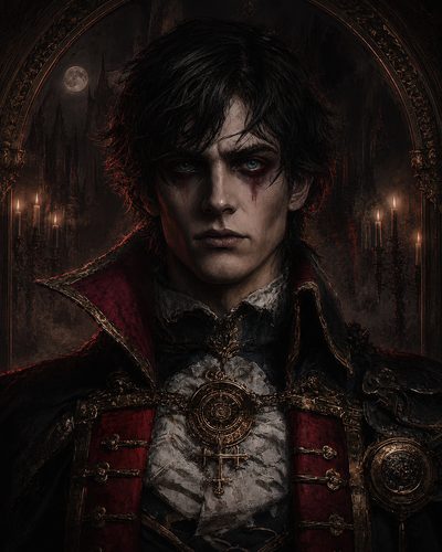 GRID THUMBNAIL — A pale male vampire noble in ornate red and black coat, gold medallion, blood-streaked eye, before gothic arch with candles and a distant moon.