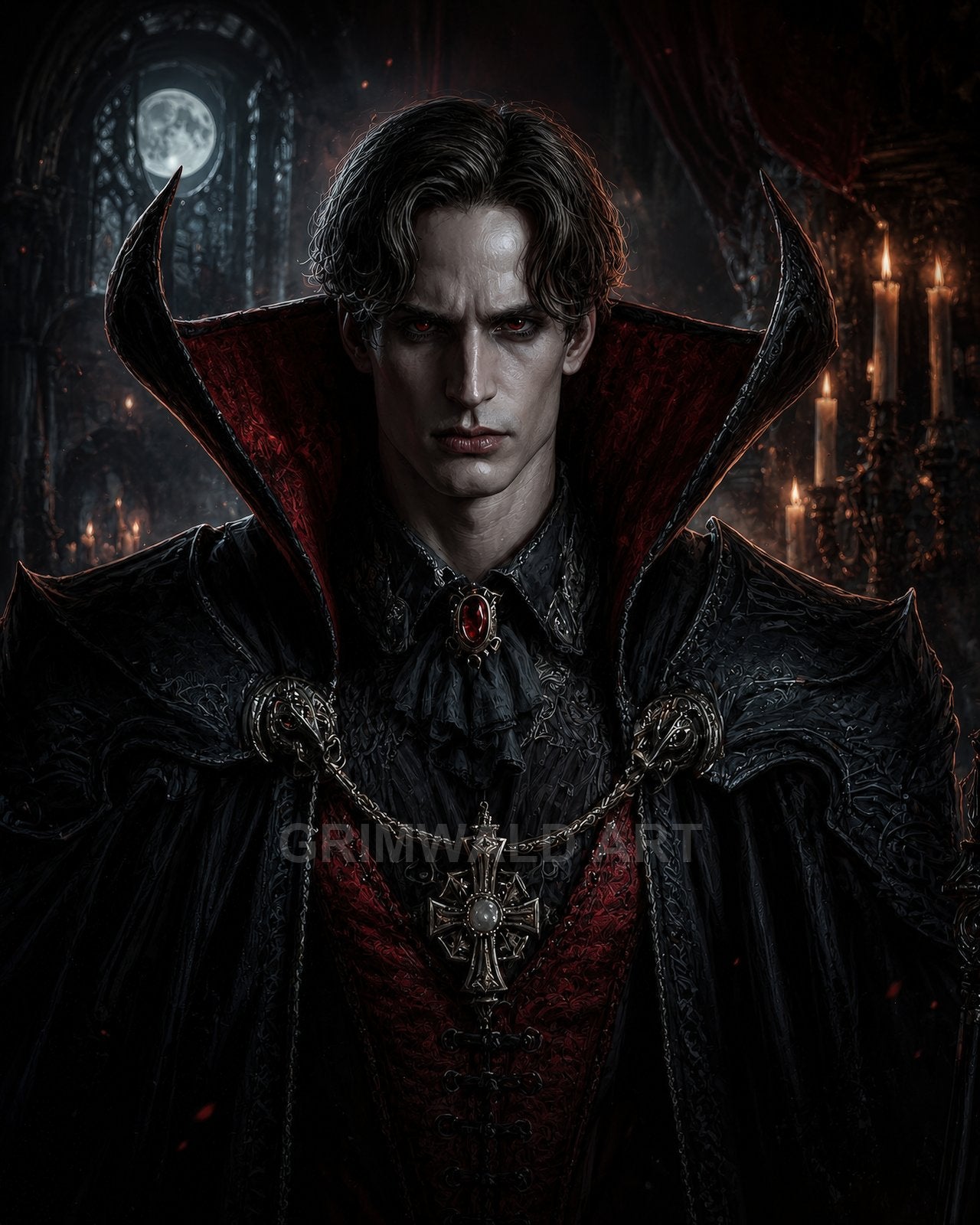 Portrait of a pale male vampire in ornate black and red cloak, red eyes and jewelled cross pendant, in a moonlit gothic castle with candles.