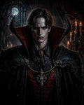 GRID THUMBNAIL — Portrait of a pale male vampire in ornate black and red cloak, red eyes and jewelled cross pendant, in a moonlit gothic castle with candles.