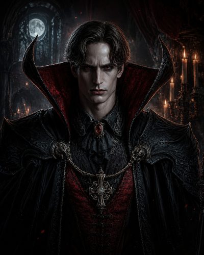 GRID THUMBNAIL — Portrait of a pale male vampire in ornate black and red cloak, red eyes and jewelled cross pendant, in a moonlit gothic castle with candles.