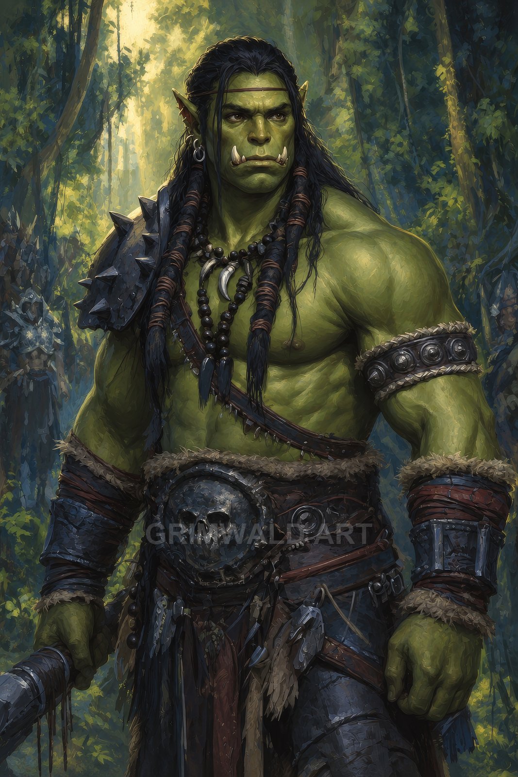 A green-skinned orc warrior with tusks and braided hair stands in a sunlit forest, wearing spiked armour, bone necklaces, and a skull-emblazoned belt.