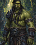 GRID THUMBNAIL — A green-skinned orc warrior with tusks and braided hair stands in a sunlit forest, wearing spiked armour, bone necklaces, and a skull-emblazoned belt.