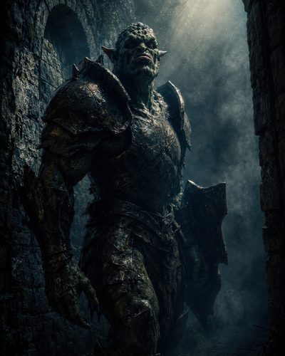 GRID THUMBNAIL — Armoured orc warrior stands in crumbling stone ruins, green skin and shield catching a shaft of daylight amid drifting dust.