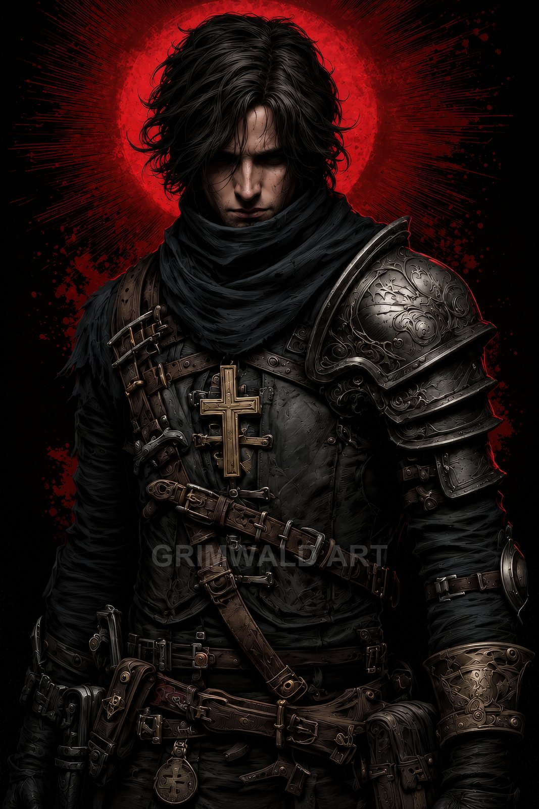 Brooding armoured paladin with gilded cross pendant before a blood-red moon, wearing dark scarf, etched steel pauldrons, and layered belts with pouches.