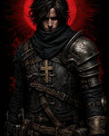 GRID THUMBNAIL — Brooding armoured paladin with gilded cross pendant before a blood-red moon, wearing dark scarf, etched steel pauldrons, and layered belts with pouches.
