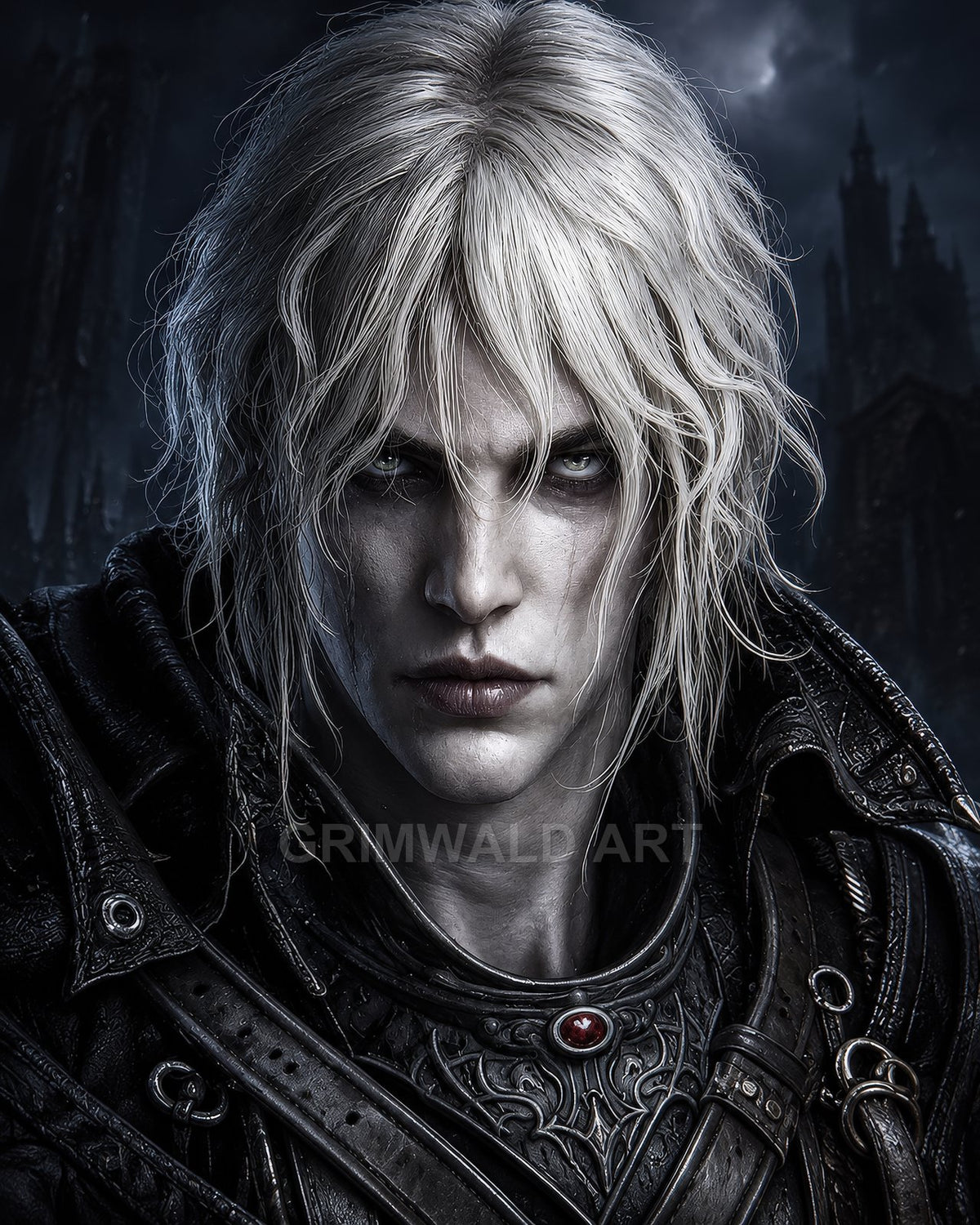 Close-up portrait of a pale, silver-haired figure in ornate black armour with a red jewel, before a dark Gothic castle at night.