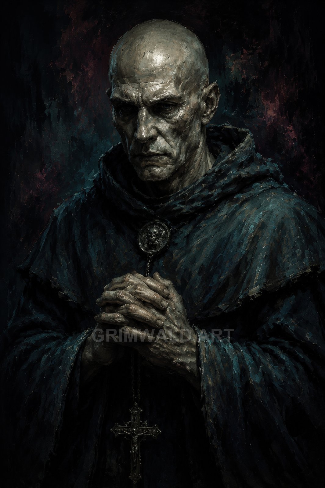 Dark portrait of a bald monk in a worn teal robe, hands clasped in prayer, bearing a crucifix pendant against a shadowy, painterly background.