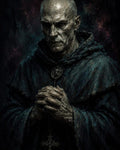 GRID THUMBNAIL — Dark portrait of a bald monk in a worn teal robe, hands clasped in prayer, bearing a crucifix pendant against a shadowy, painterly background.