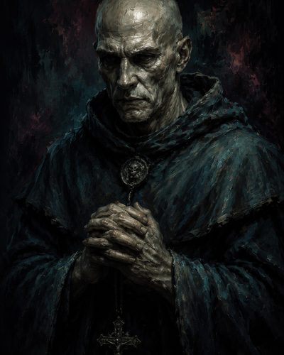 GRID THUMBNAIL — Dark portrait of a bald monk in a worn teal robe, hands clasped in prayer, bearing a crucifix pendant against a shadowy, painterly background.