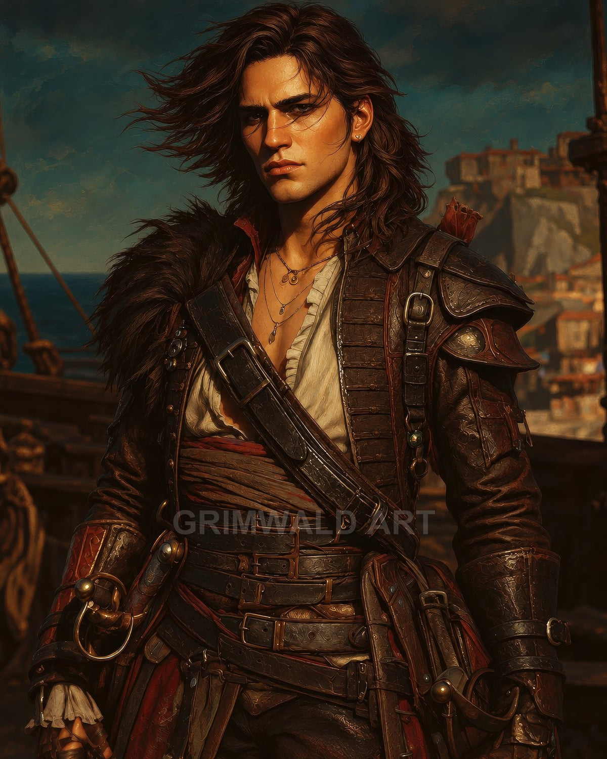 A male pirate in leather armour stands on a ship's deck by a coastal harbour, wind-tousled hair and sword at his side in golden light.