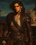 GRID THUMBNAIL — A male pirate in leather armour stands on a ship's deck by a coastal harbour, wind-tousled hair and sword at his side in golden light.