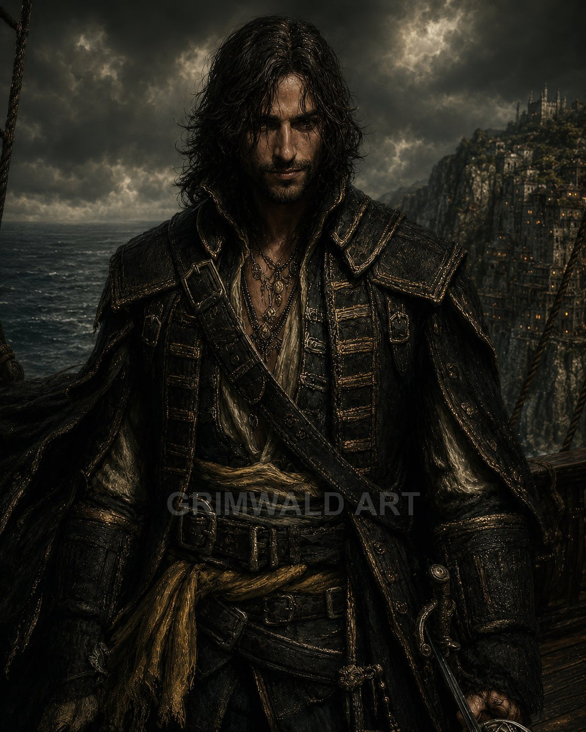 Dark-haired pirate in ornate leather coat stands on a ship deck, clutching a sword, storm clouds and a cliffside city looming behind.