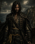 GRID THUMBNAIL — Dark-haired pirate in ornate leather coat stands on a ship deck, clutching a sword, storm clouds and a cliffside city looming behind.