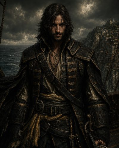 GRID THUMBNAIL — Dark-haired pirate in ornate leather coat stands on a ship deck, clutching a sword, storm clouds and a cliffside city looming behind.