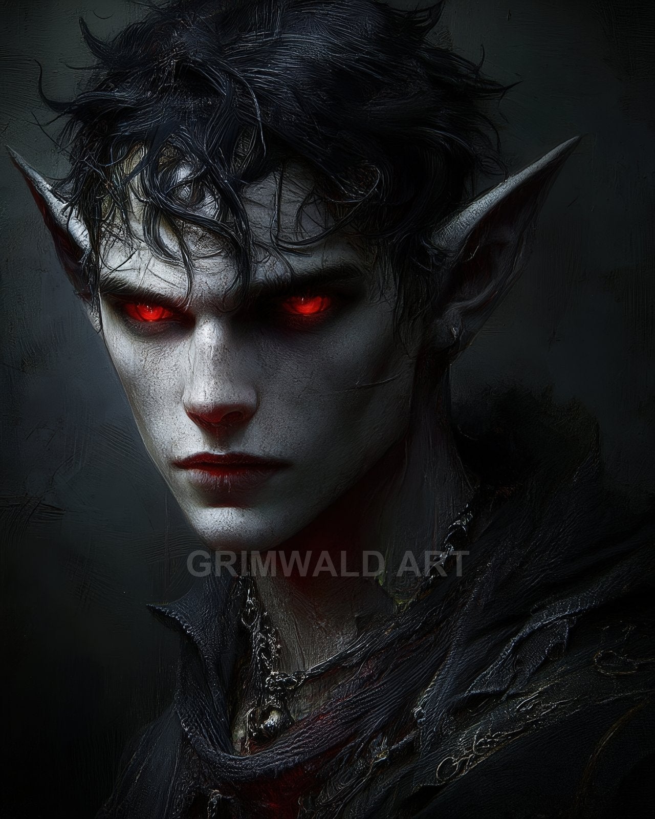 Close-up portrait of a pale, sharp-eared elf with glowing red eyes, dark tousled hair, and a shadowy cloak against a dim background.