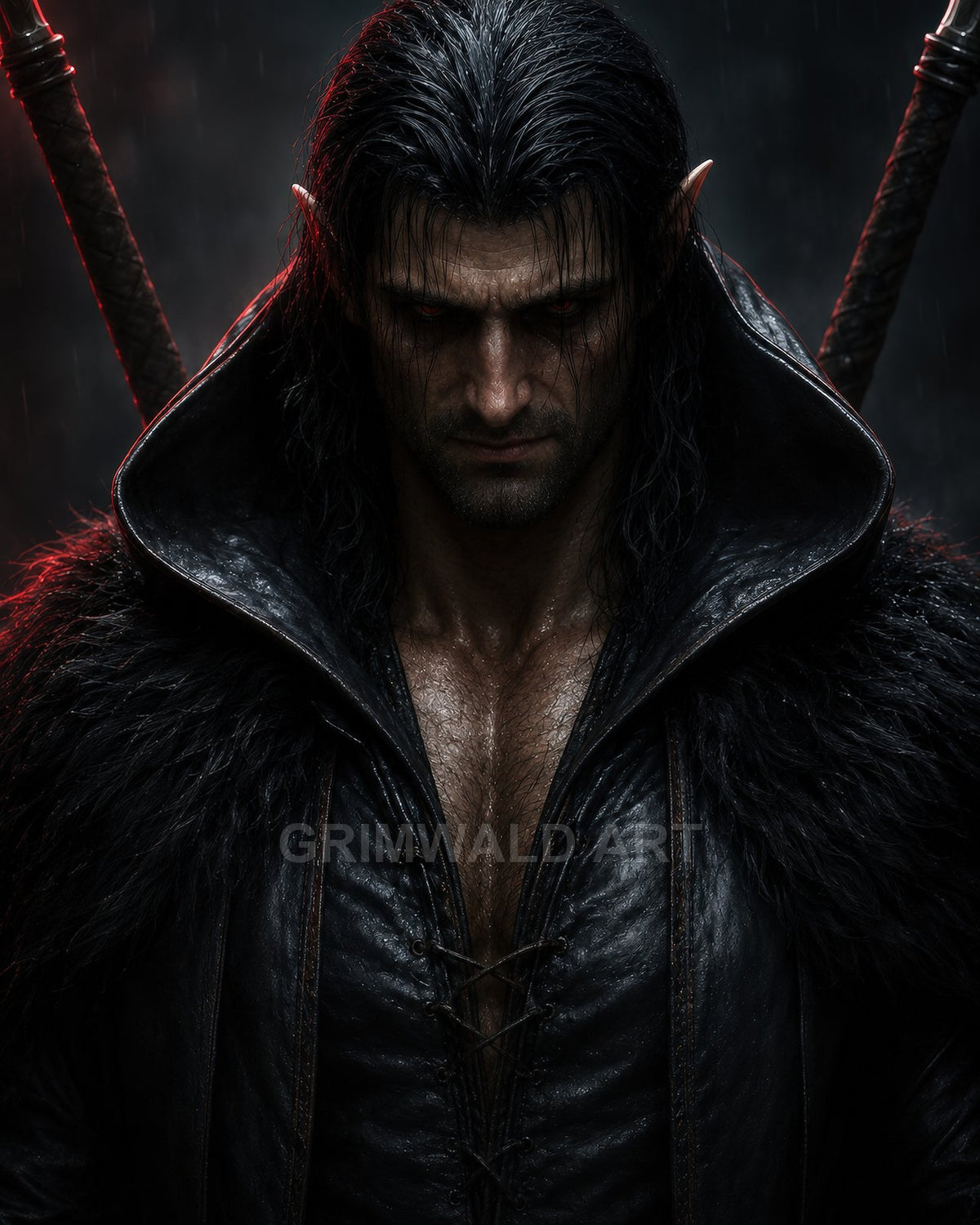 Close-up portrait of a male elf with red glowing eyes, wet black hair, leather and fur armour, twin sword hilts, in moody rain.
