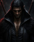 GRID THUMBNAIL — Close-up portrait of a male elf with red glowing eyes, wet black hair, leather and fur armour, twin sword hilts, in moody rain.