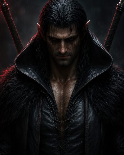GRID THUMBNAIL — Close-up portrait of a male elf with red glowing eyes, wet black hair, leather and fur armour, twin sword hilts, in moody rain.