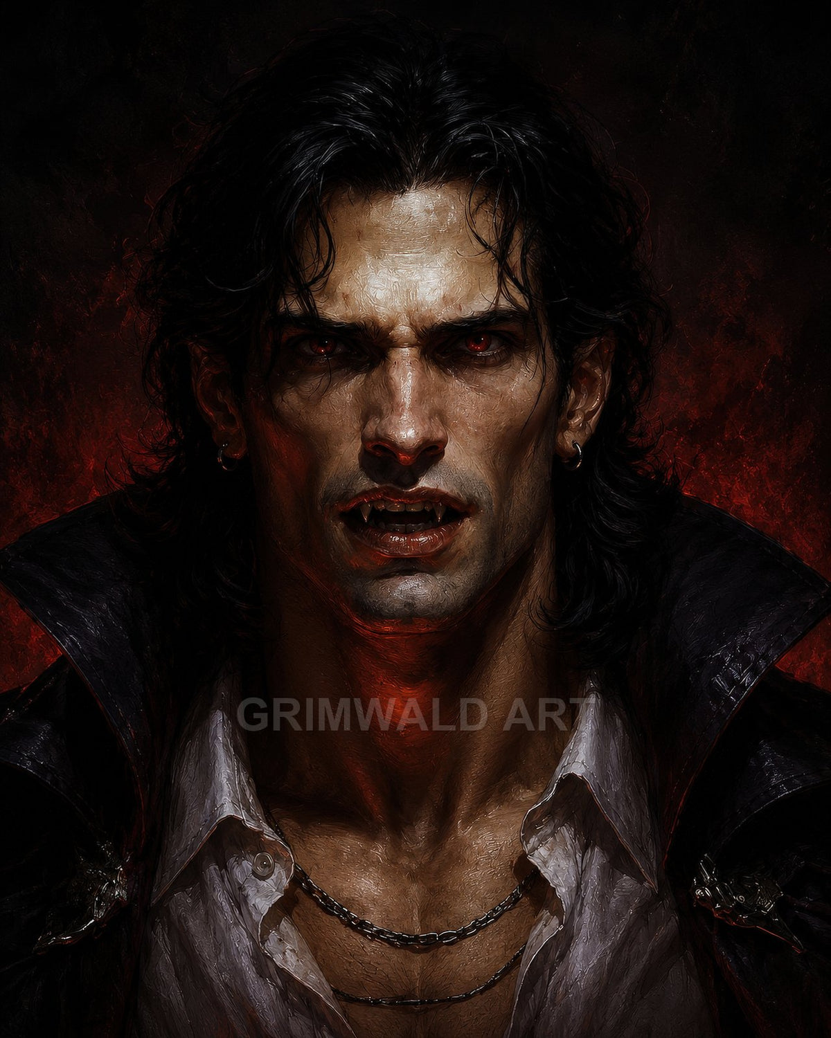 Brooding male vampire with red eyes and sharp fangs, in a high-collared dark coat and open white shirt, lit by a fiery red glow.