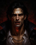 GRID THUMBNAIL — Brooding male vampire with red eyes and sharp fangs, in a high-collared dark coat and open white shirt, lit by a fiery red glow.