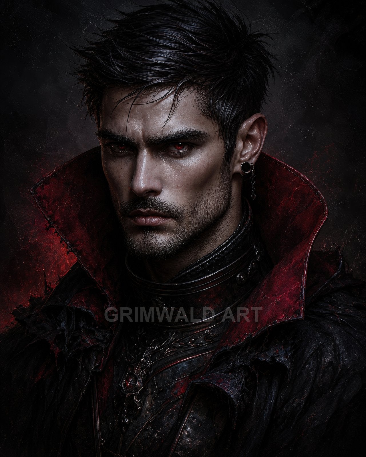 Dark, moody portrait of a male vampire with glowing red eyes, high crimson collar and black gothic armour, staring intensely against a shadowed background.