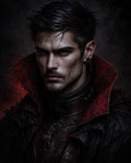 GRID THUMBNAIL — Dark, moody portrait of a male vampire with glowing red eyes, high crimson collar and black gothic armour, staring intensely against a shadowed background.