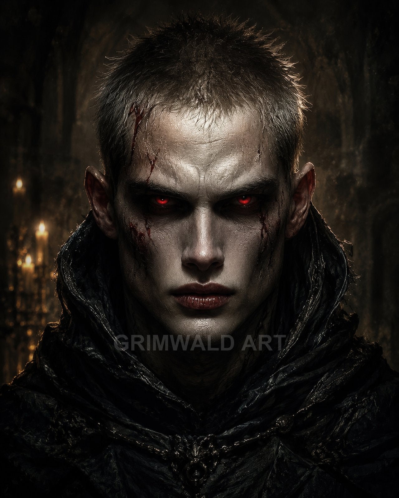 Close-up portrait of a pale vampire with glowing red eyes, scarred face and dark hooded cloak, lit by candles in a shadowy interior.