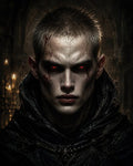 GRID THUMBNAIL — Close-up portrait of a pale vampire with glowing red eyes, scarred face and dark hooded cloak, lit by candles in a shadowy interior.