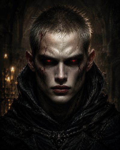 GRID THUMBNAIL — Close-up portrait of a pale vampire with glowing red eyes, scarred face and dark hooded cloak, lit by candles in a shadowy interior.