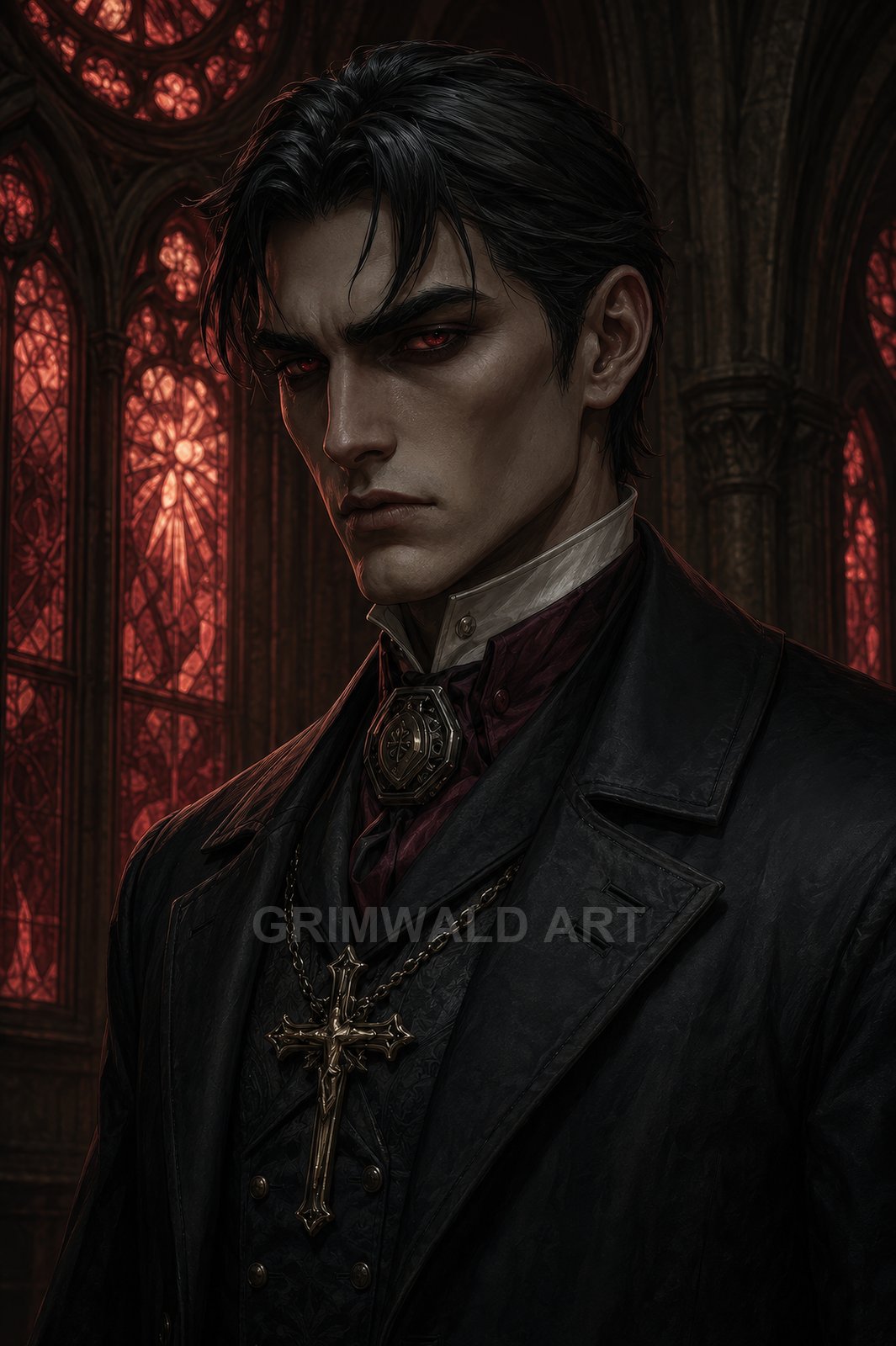 Portrait of a pale, red-eyed vampire in a dark coat and crucifix necklace, standing inside a gothic cathedral before glowing crimson stained-glass windows.