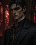 GRID THUMBNAIL — Portrait of a pale, red-eyed vampire in a dark coat and crucifix necklace, standing inside a gothic cathedral before glowing crimson stained-glass windows.