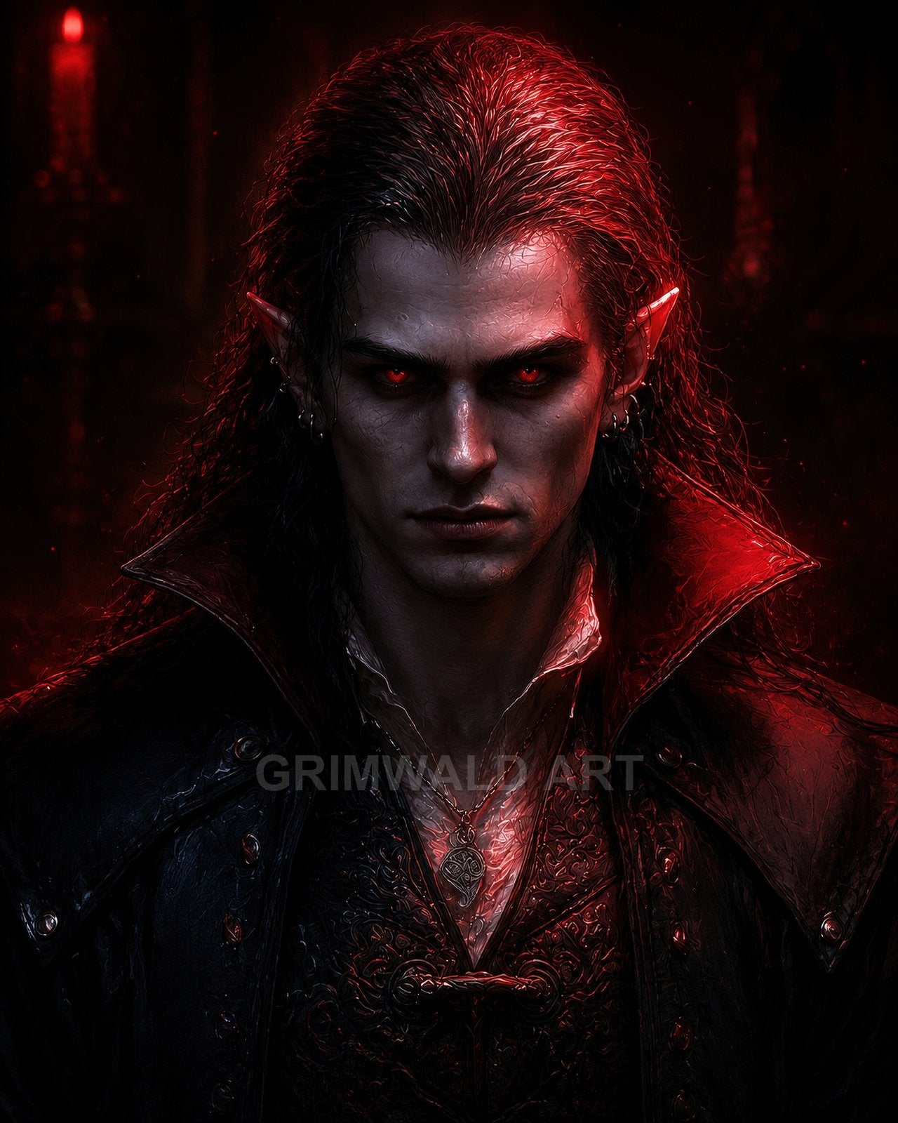 Portrait of a pale, red-eyed vampire with pointed ears and ornate black coat, lit by red firelight, staring intensely in shadowy interior.