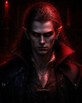 GRID THUMBNAIL — Portrait of a pale, red-eyed vampire with pointed ears and ornate black coat, lit by red firelight, staring intensely in shadowy interior.