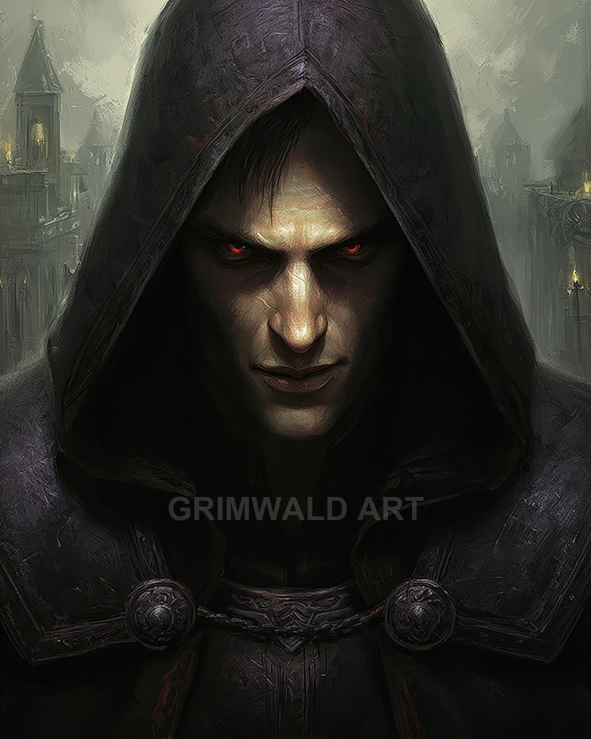 Dark fantasy portrait of a hooded male warlock with glowing red eyes, framed against a misty gothic cityscape with distant lanterns and looming spires.