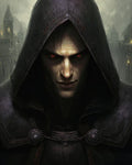 GRID THUMBNAIL — Dark fantasy portrait of a hooded male warlock with glowing red eyes, framed against a misty gothic cityscape with distant lanterns and looming spires.