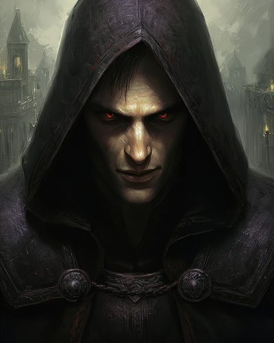 GRID THUMBNAIL — Dark fantasy portrait of a hooded male warlock with glowing red eyes, framed against a misty gothic cityscape with distant lanterns and looming spires.