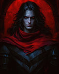 GRID THUMBNAIL — Dark fantasy portrait of a pale, long-haired man in black armour with a tattered red scarf and glowing red eyes, before a fiery archway.