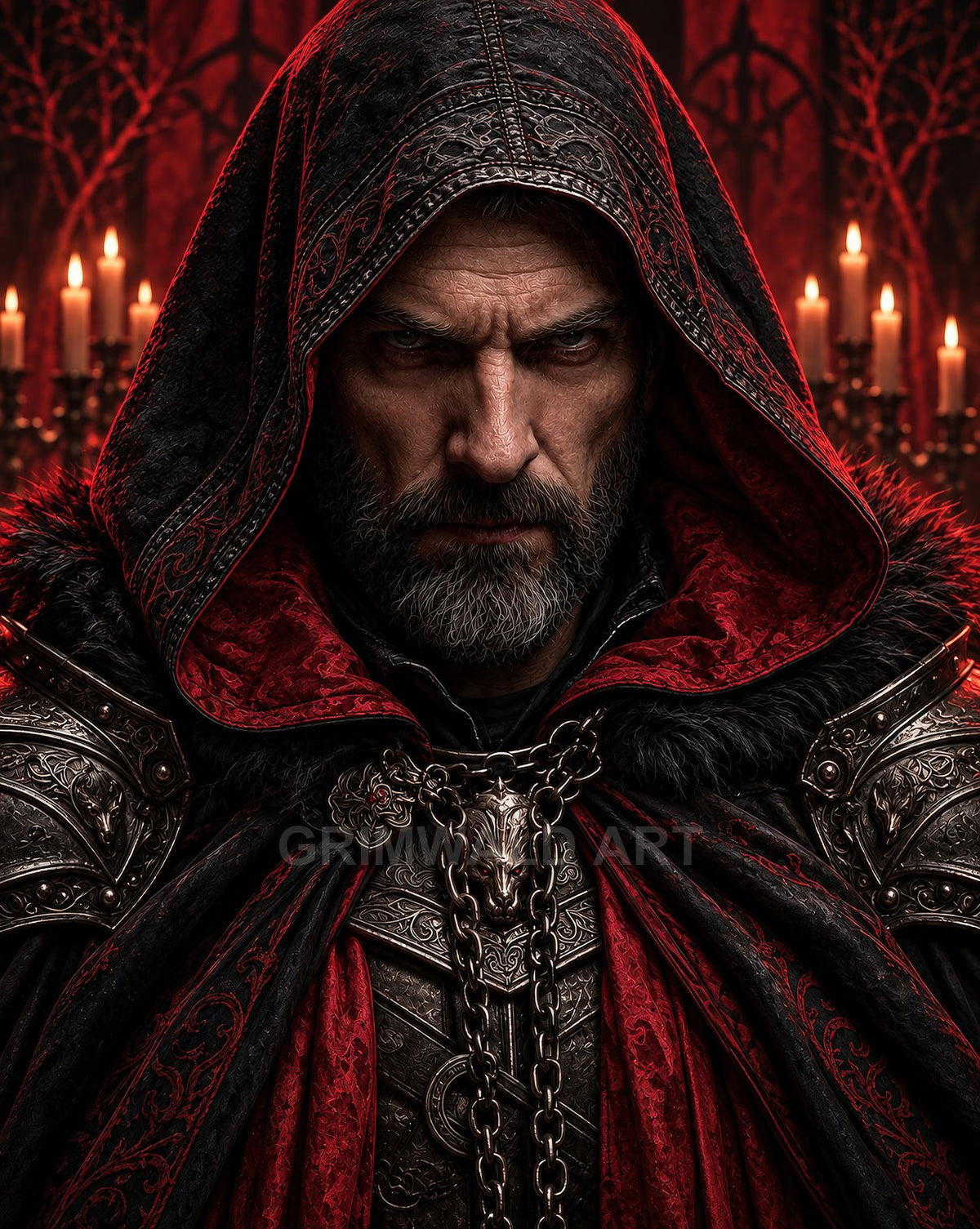 Close-up of a grim bearded man in a red hood and ornate dark armour, heavy chains and candles glowing behind in a gothic interior.
