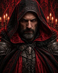 GRID THUMBNAIL — Close-up of a grim bearded man in a red hood and ornate dark armour, heavy chains and candles glowing behind in a gothic interior.