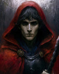 GRID THUMBNAIL — Moody portrait of a young man in a red hooded cloak, holding a staff, pale face and dark hair against a textured, grey background.