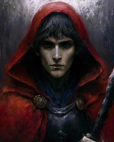 GRID THUMBNAIL — Moody portrait of a young man in a red hooded cloak, holding a staff, pale face and dark hair against a textured, grey background.